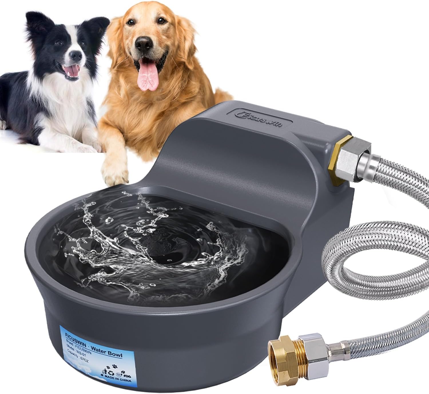 Ficuswin Automatic Dog Water Bowl Dispenser front view showcasing the two liter capacity tank.
