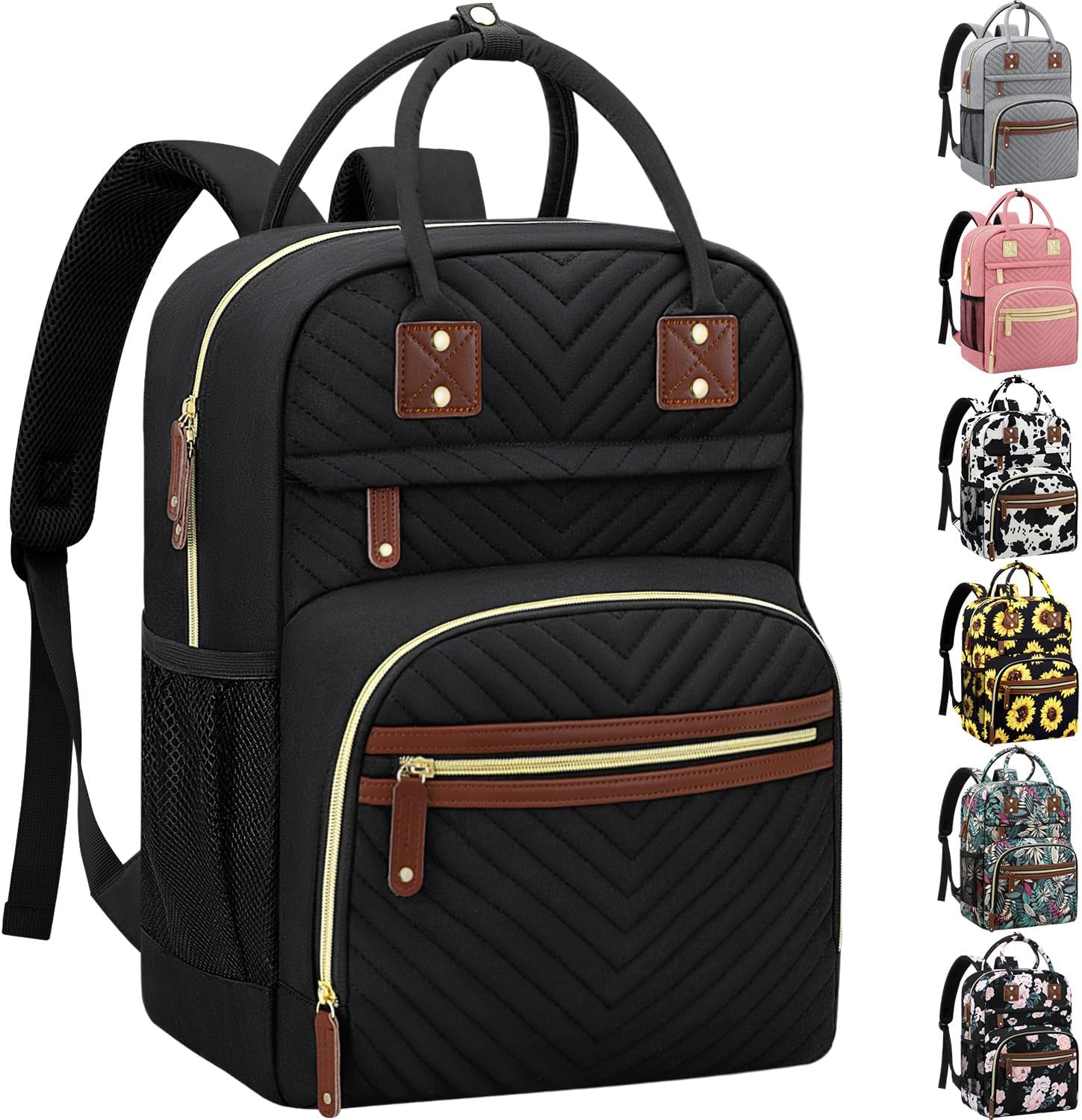 Tenot diaper bag backpack front view showcasing black quilted chevron design and sturdy zipper closures.
