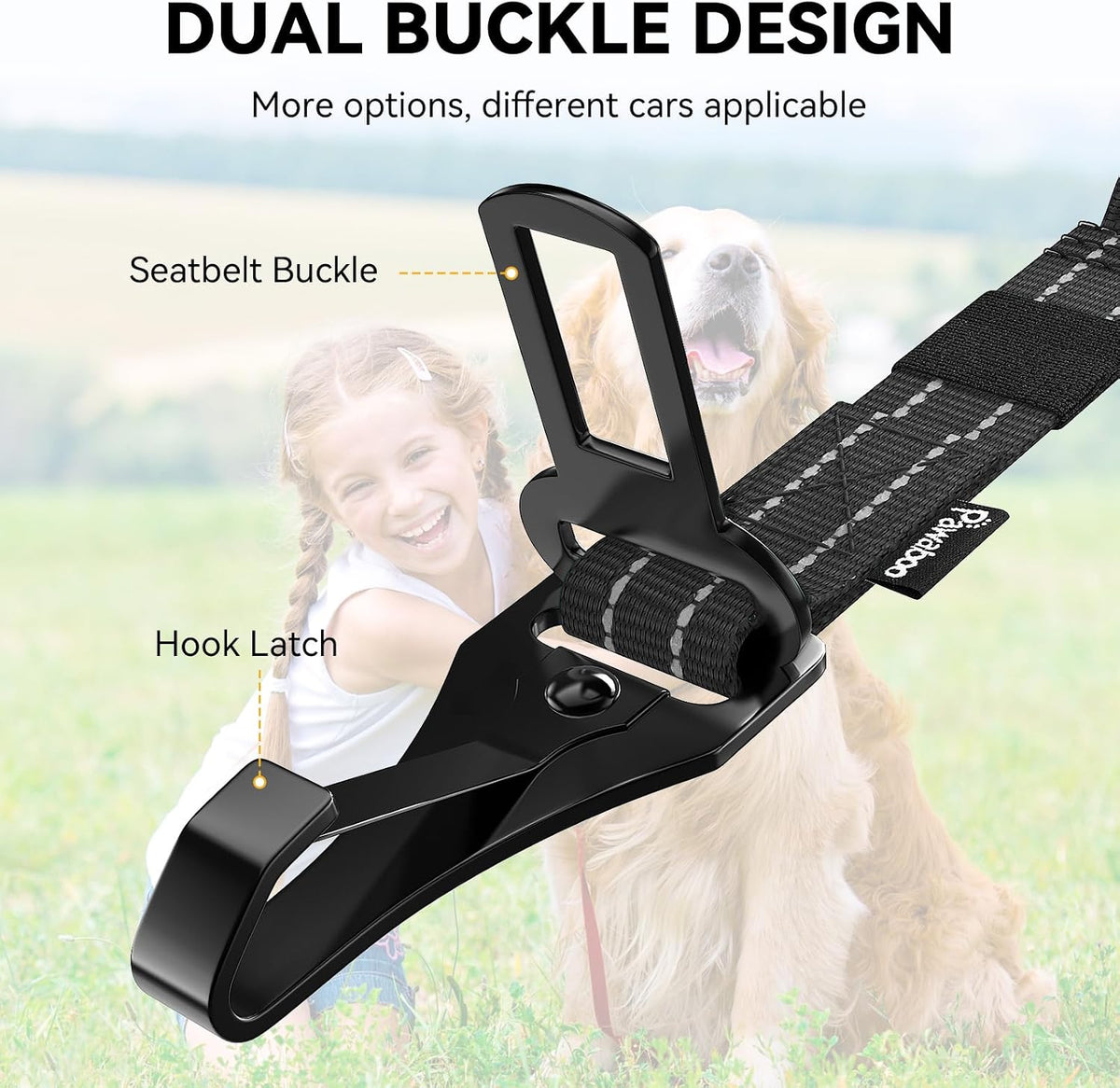 Pawaboo dog seatbelt attached to car safety seat anchor