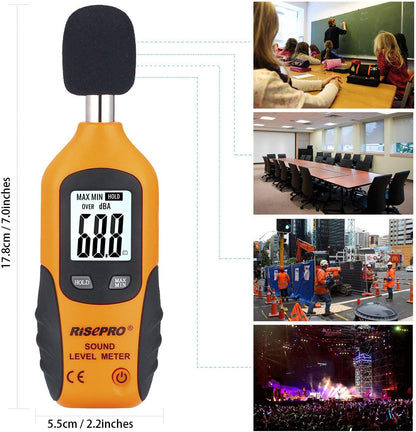 RISEPRO decibel tester battery compartment view demonstrating the setup process for operation.