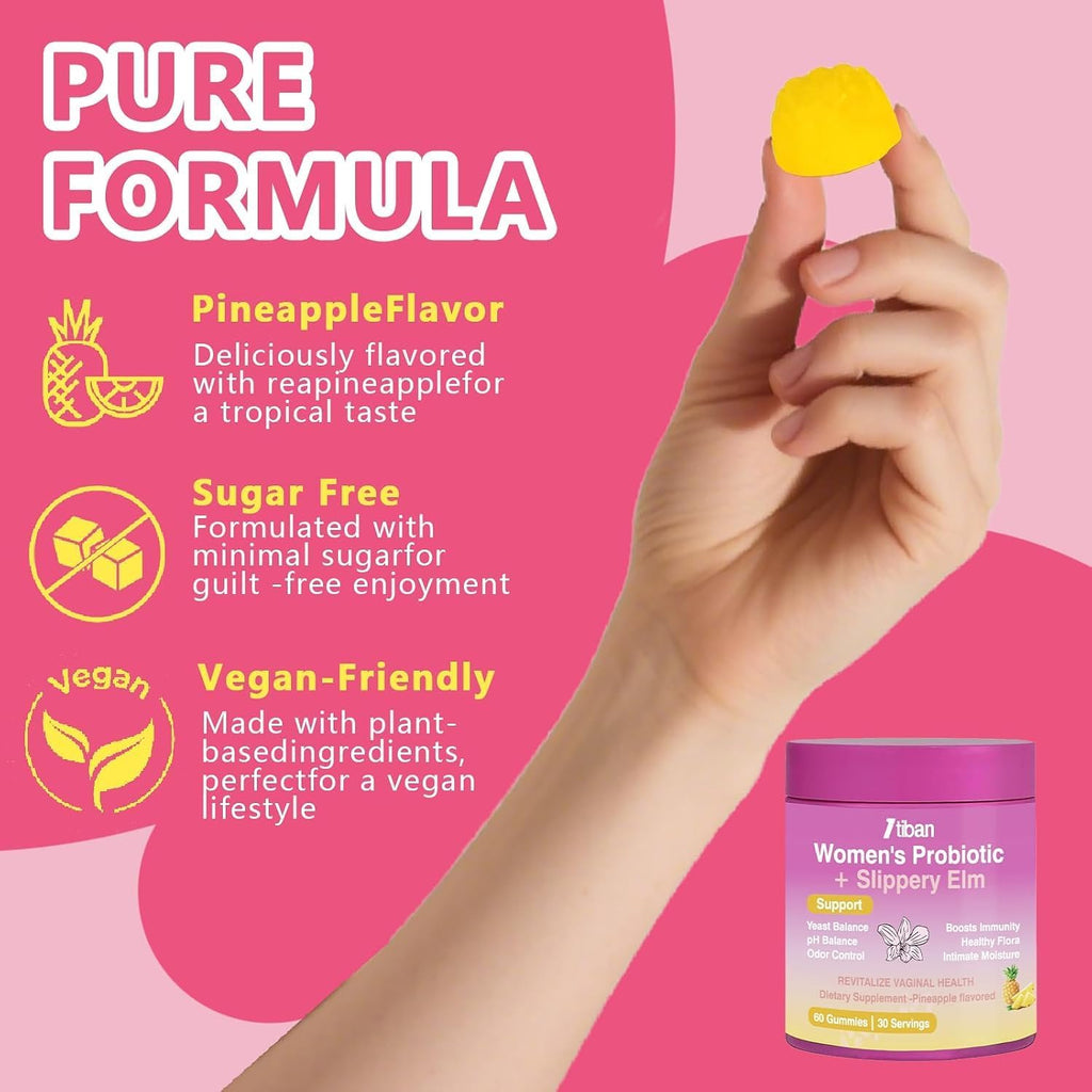 Feminine Vaginal Probiotics Gummies, Supports pH Balance & Digestive Health, Slippery Elm for Women, Suagr-Free, Veagn, Pineapple Flavor, 60 Count - Image 5