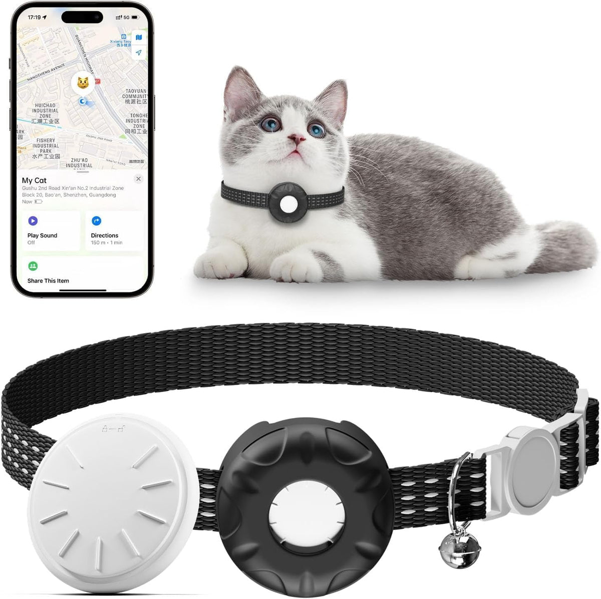 Hongtop H cat tracker collar front view black