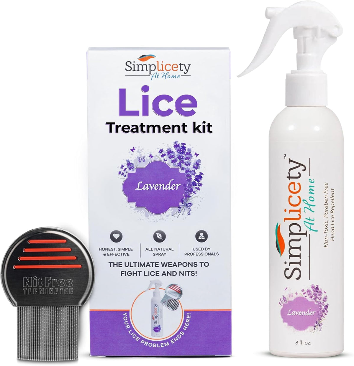 Simplicety Head Lice Treatment Kit front view showing lavender spray bottle and metal comb