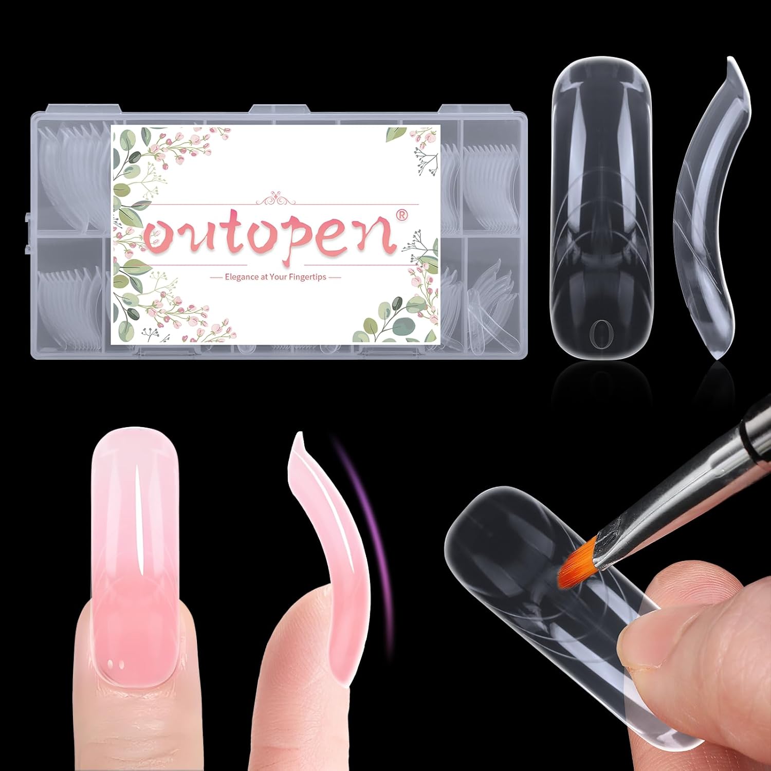 Outopen 150 pieces long curved coffin nail forms front view