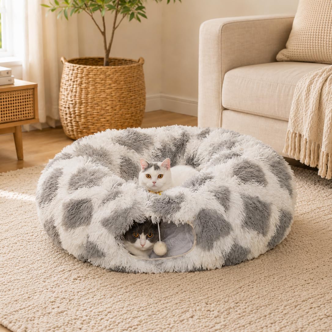 Warm Fluffy Plush Cat Tunnel Bed Under Christmas Tree Big Tube Playground Toys 3 FT Diameter Longer Crinkle Collapsible 3 Way, for Indoor Cat Kitty Kitten Puppy Rabbit Ferret Brown - Image 12