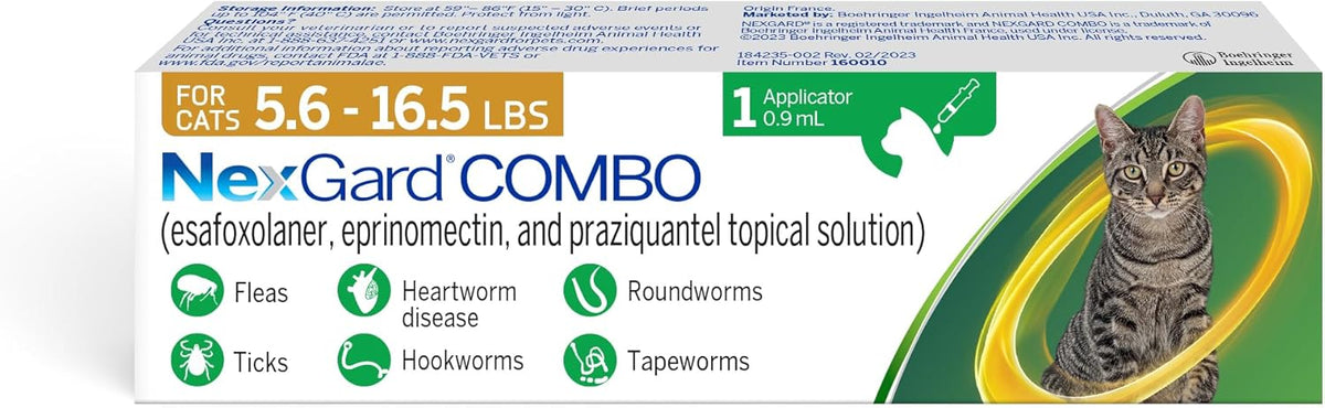 NexGard(R) Combo (esafoxolaner, eprinomectin, and praziquantel Topical Solution) Flea and Tick Protection Plus Heartworm Disease Preventive for Cats, 5.6-16.5 lbs. (Yellow Box) 6 Doses (6 Month Supply) - Image 13
