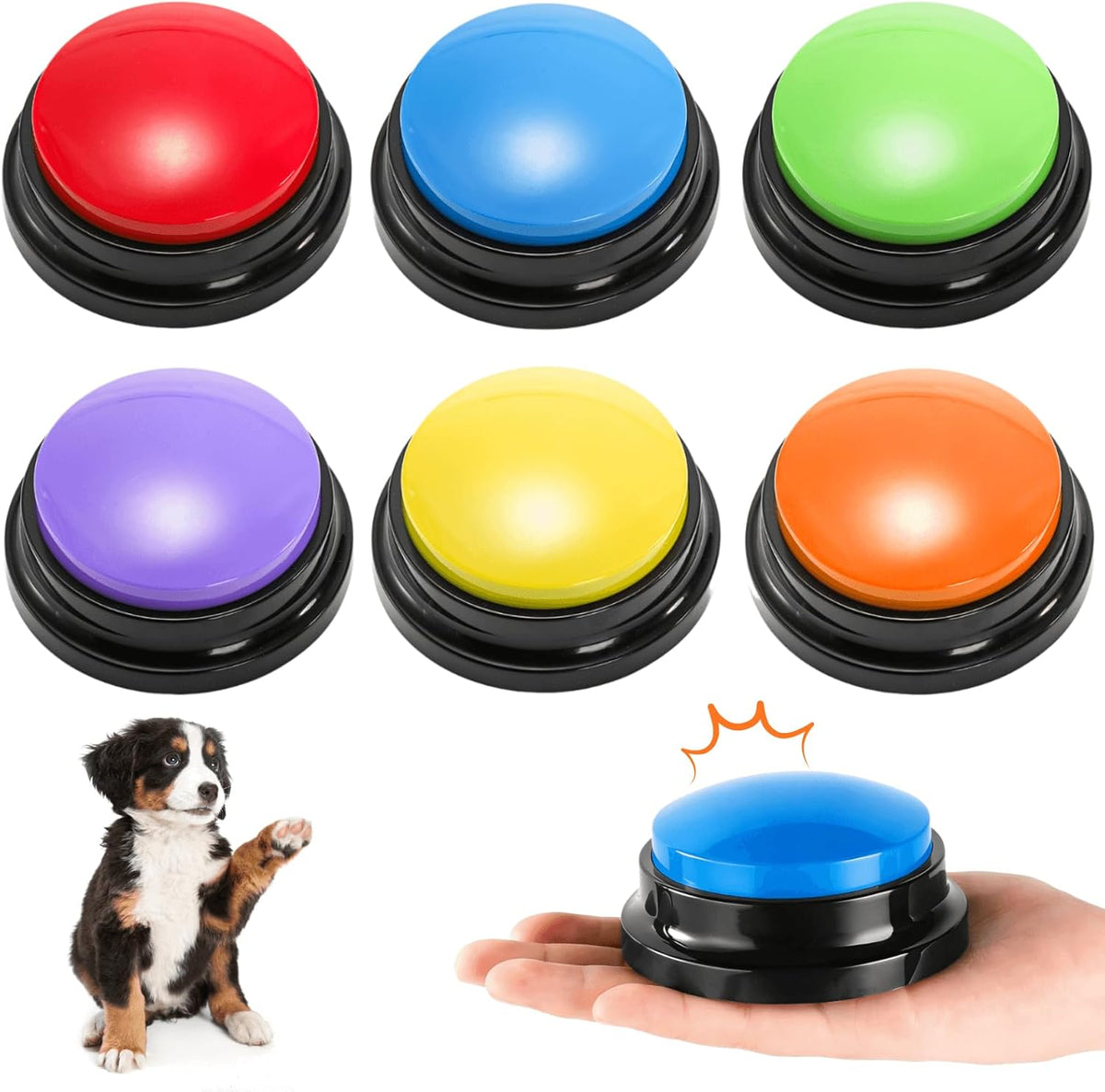 Youeon voice recording dog buttons front view of six multi-colored buzzers