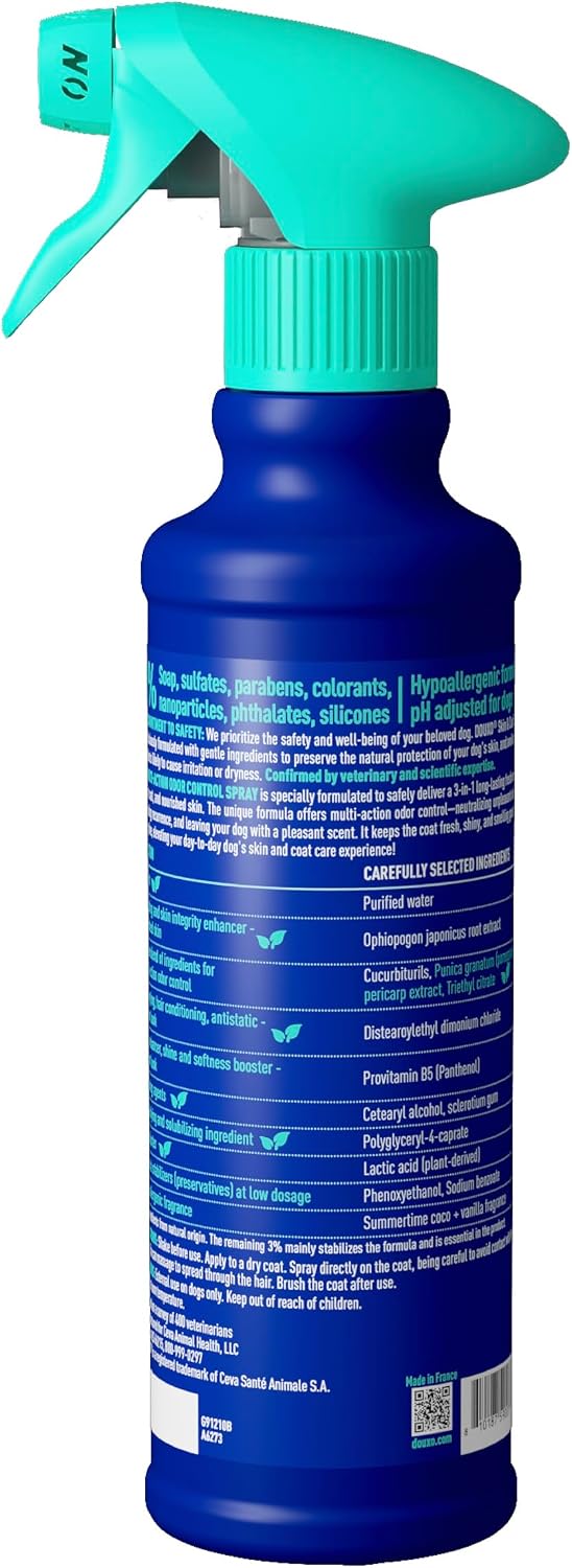 Douxo Spa pet deodorizing spray being applied to a dog's coat