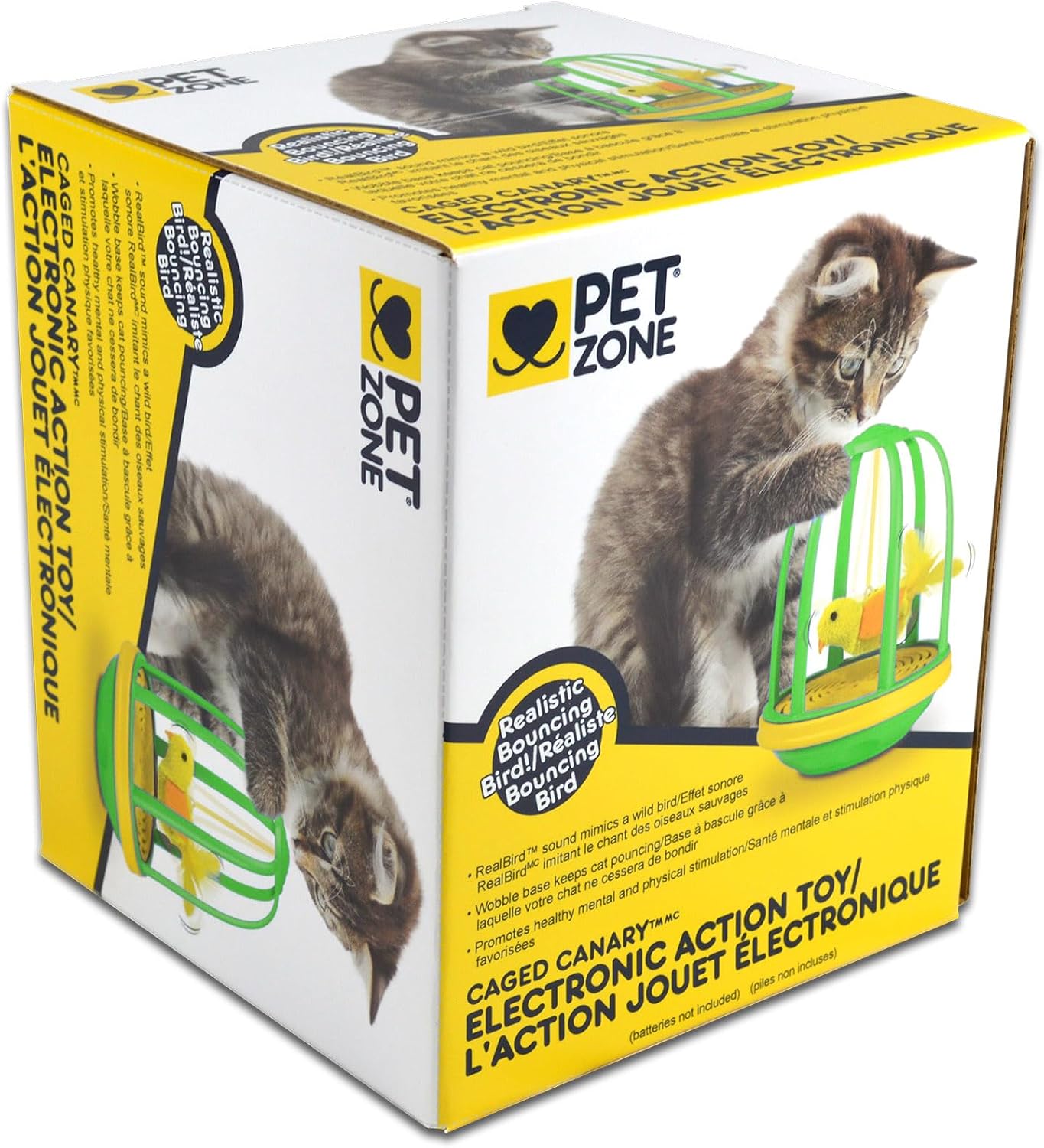 Interactive bird in a cage electronic cat toy with RealBird sound module on a flat floor surface