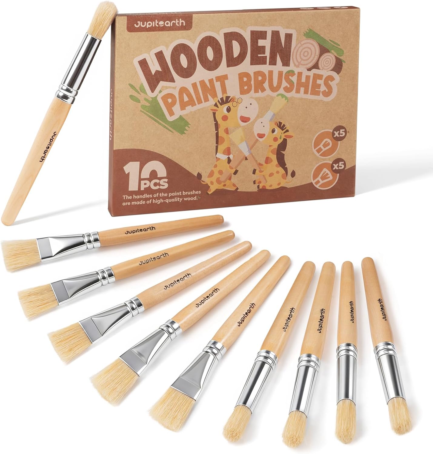 JUPITEARTH Jumbo Paint Brushes for Kids front view showing ten pieces of round and flat toddler art brushes