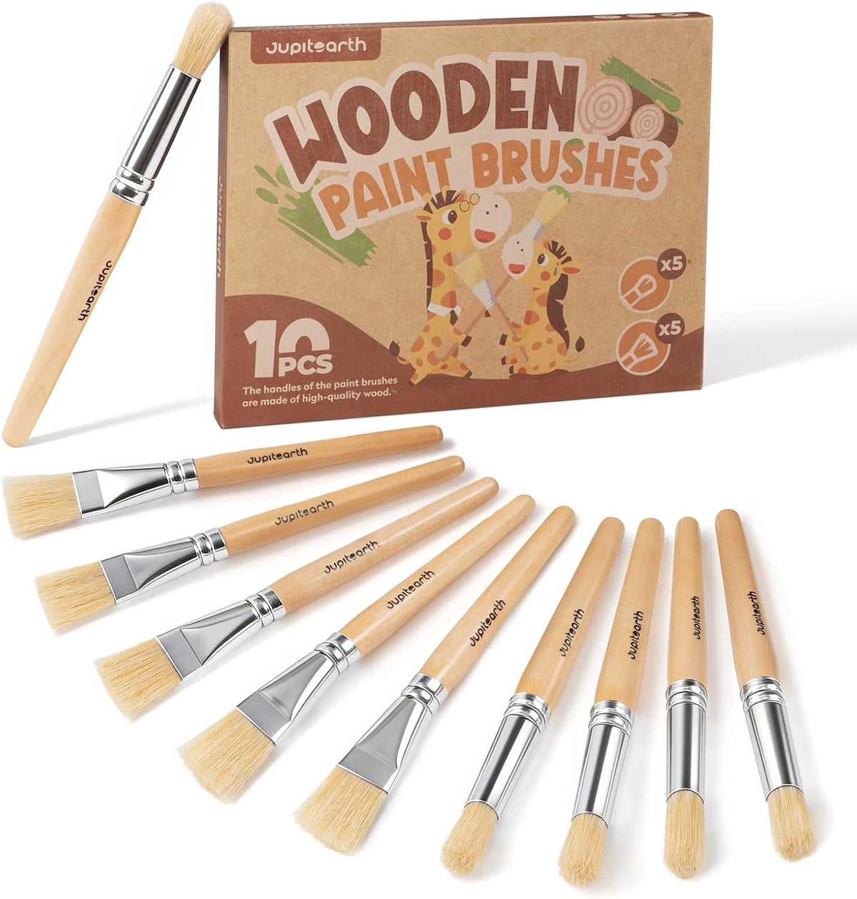 JUPITEARTH Jumbo Paint Brushes for Kids front view showing ten pieces of round and flat toddler art brushes