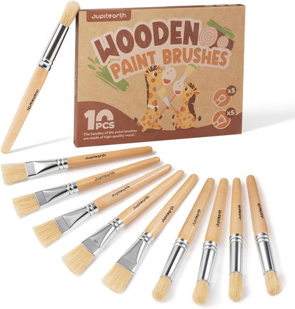 JUPITEARTH Jumbo Paint Brushes for Kids front view showing ten pieces of round and flat toddler art brushes