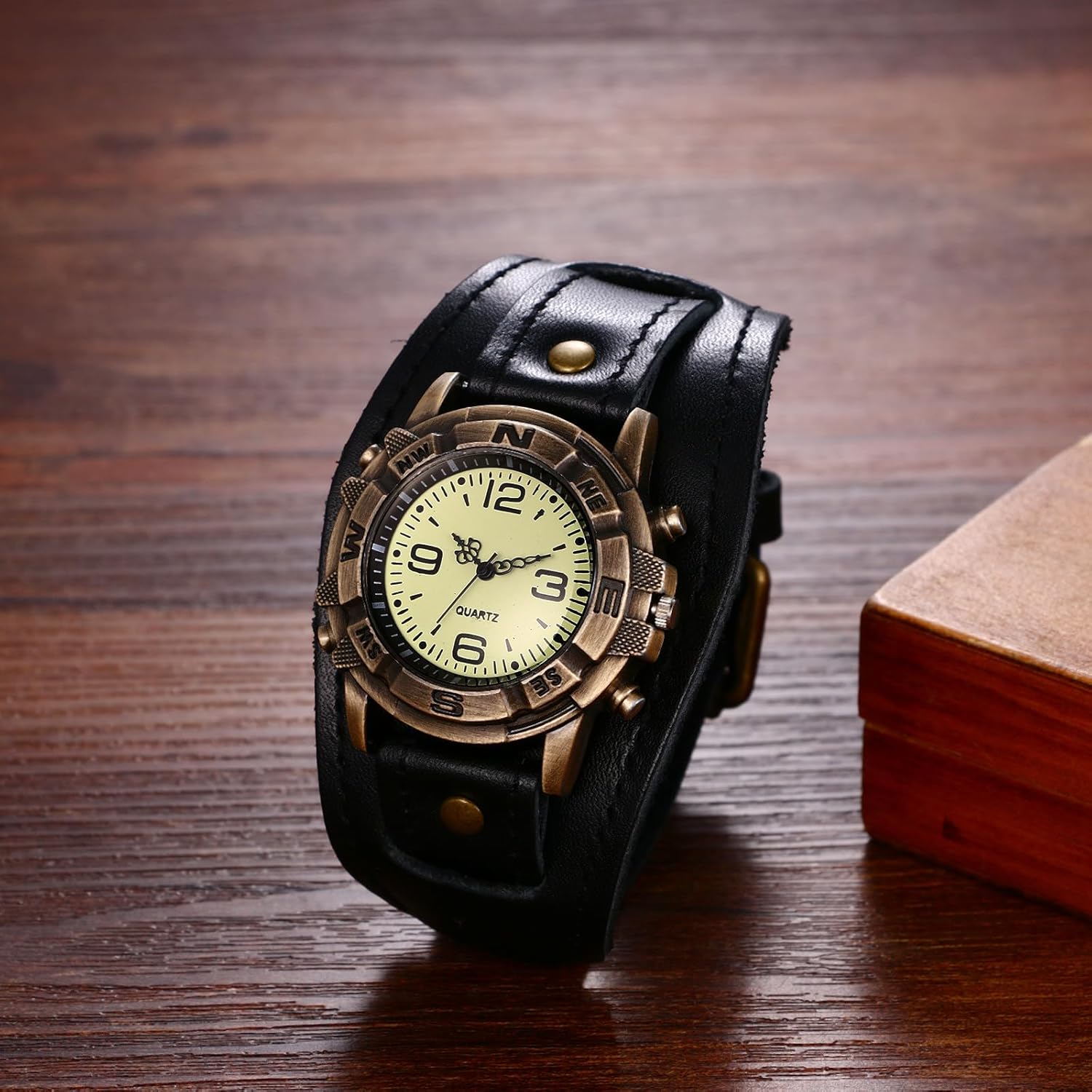 Avaner retro punk wide band analog watch angled shot displaying the scratch resistant glass face