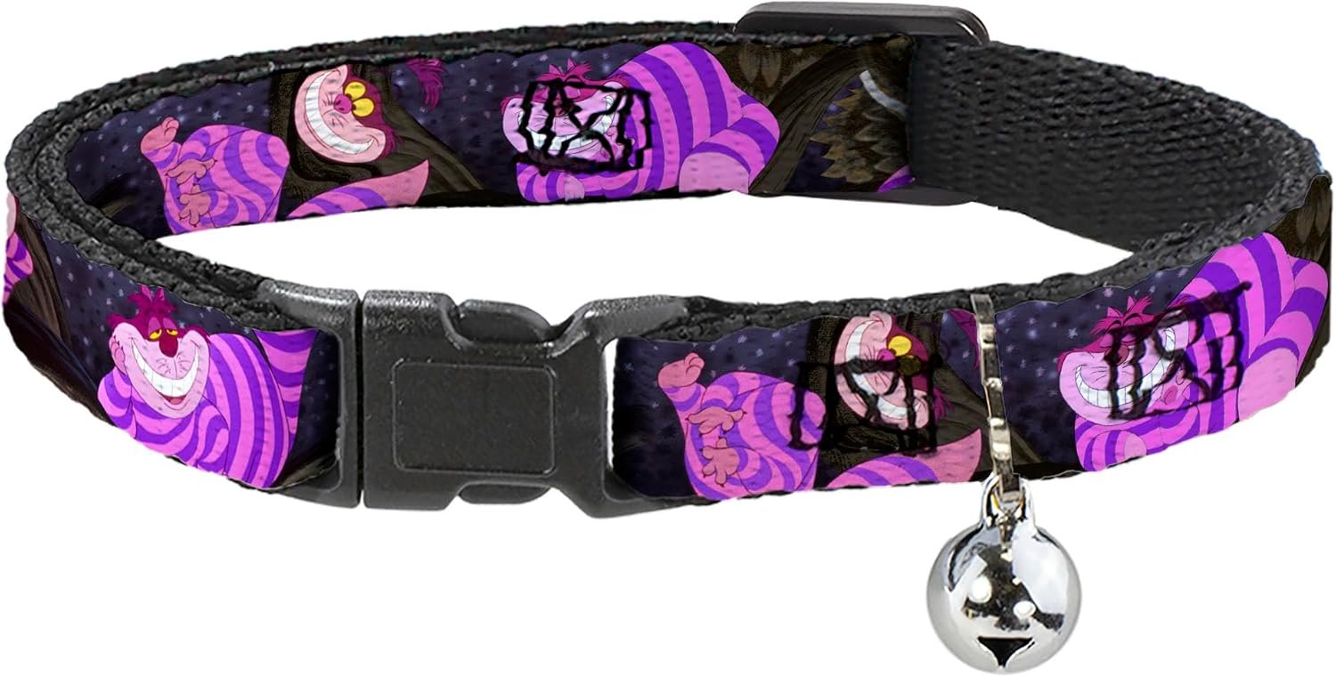 Buckle-Down breakaway cat collar front view featuring pink and purple Cheshire Cat tree poses artwork