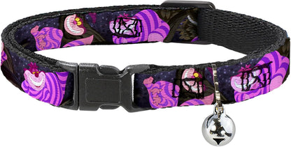 Buckle-Down breakaway cat collar front view featuring pink and purple Cheshire Cat tree poses artwork