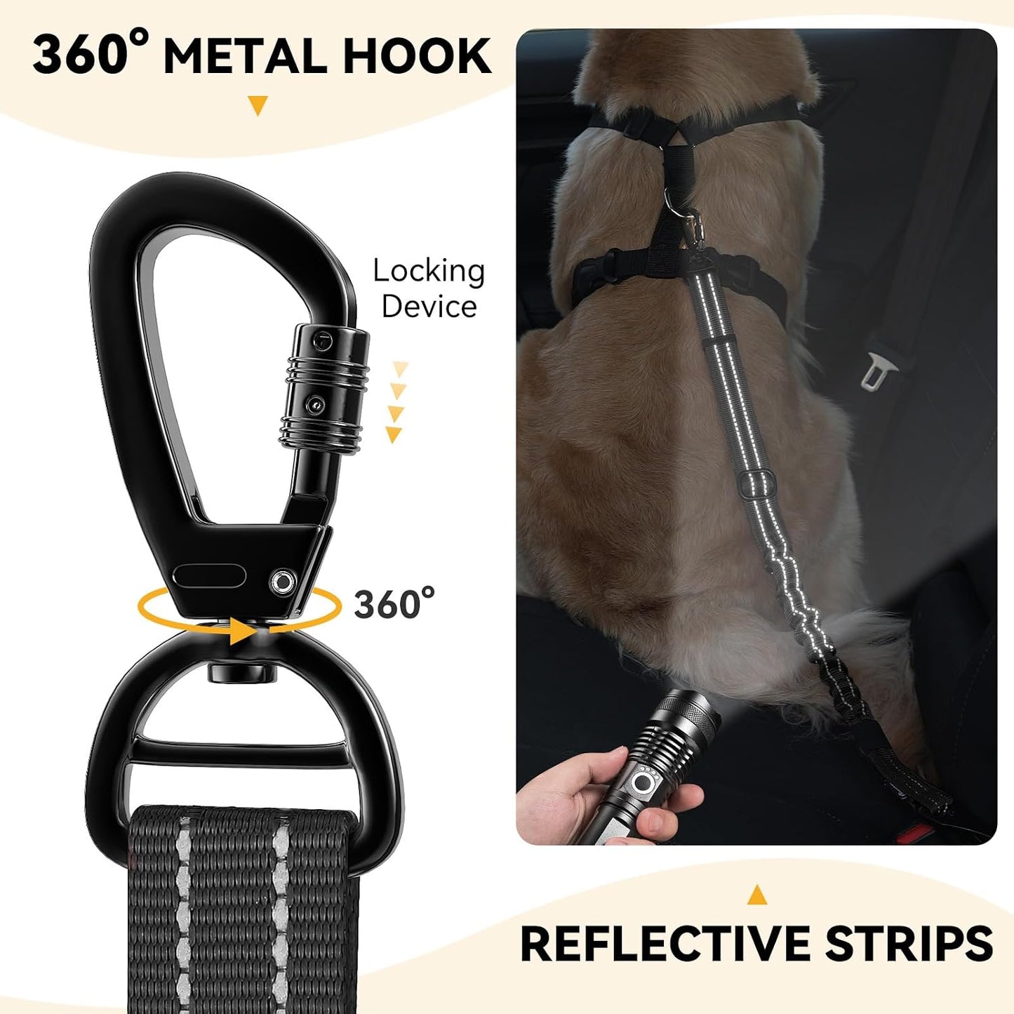 Pawaboo dog car tether showing 360 degree lockable carabiner