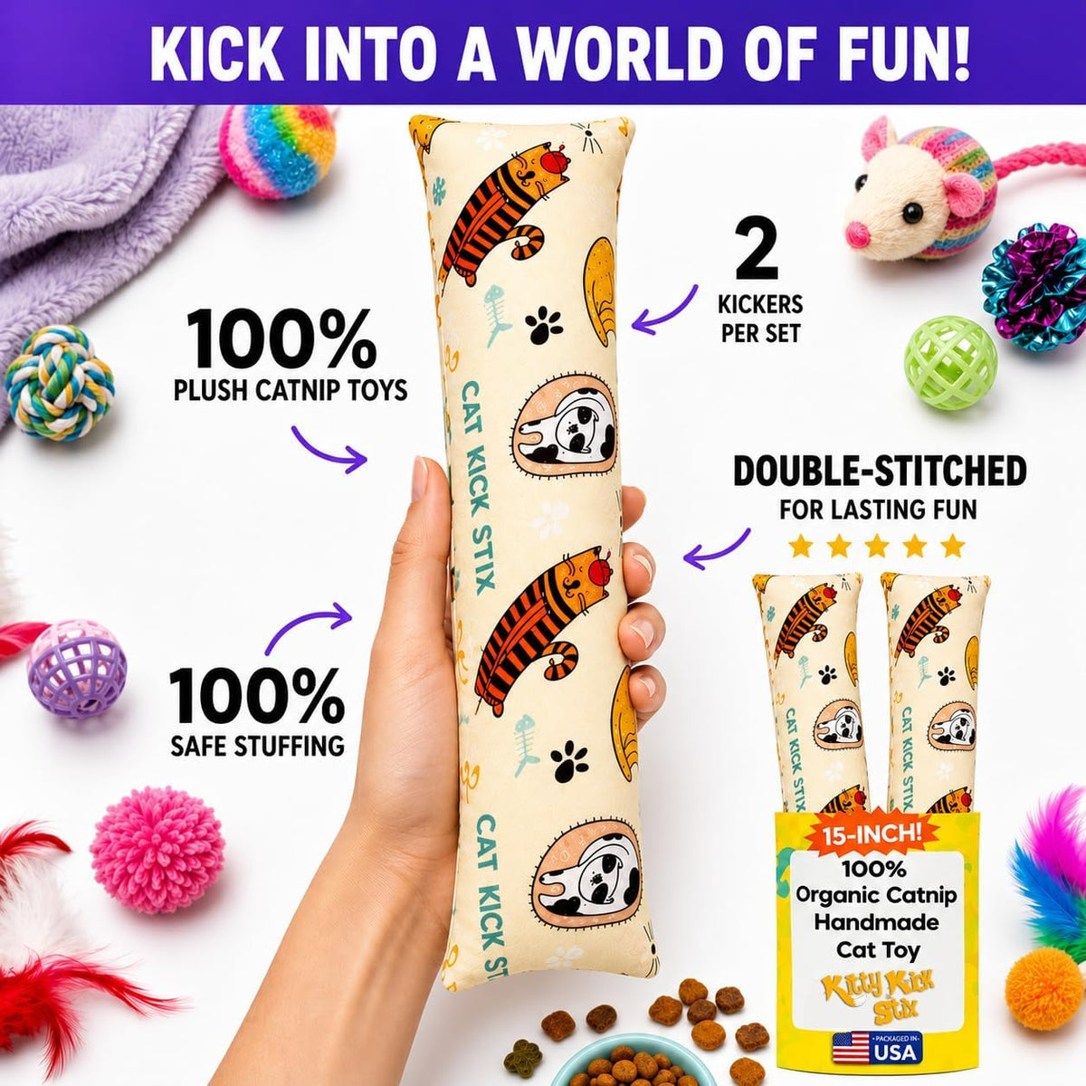 Kitty Kick Stix 15 inch catnip toy shown with playful tabby kitten