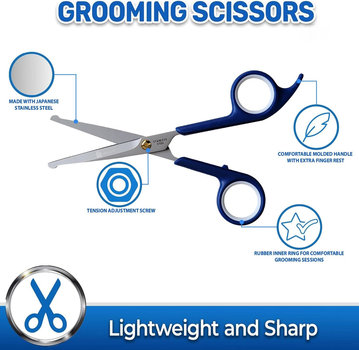 Two piece blue handle pet grooming shears showcasing round safety tips.