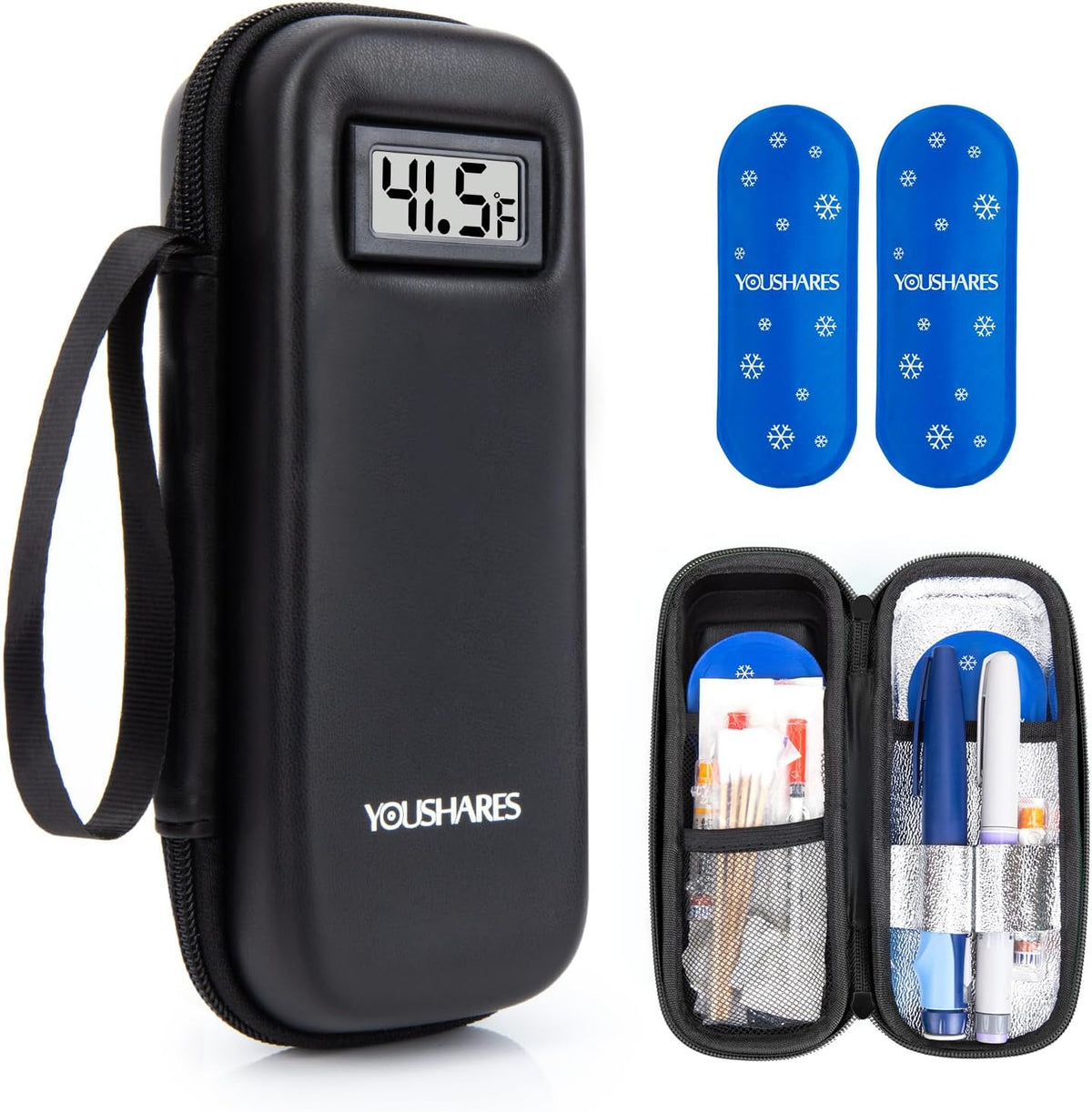 YOUSHARES insulin cooler travel case front view showing digital temperature display screen