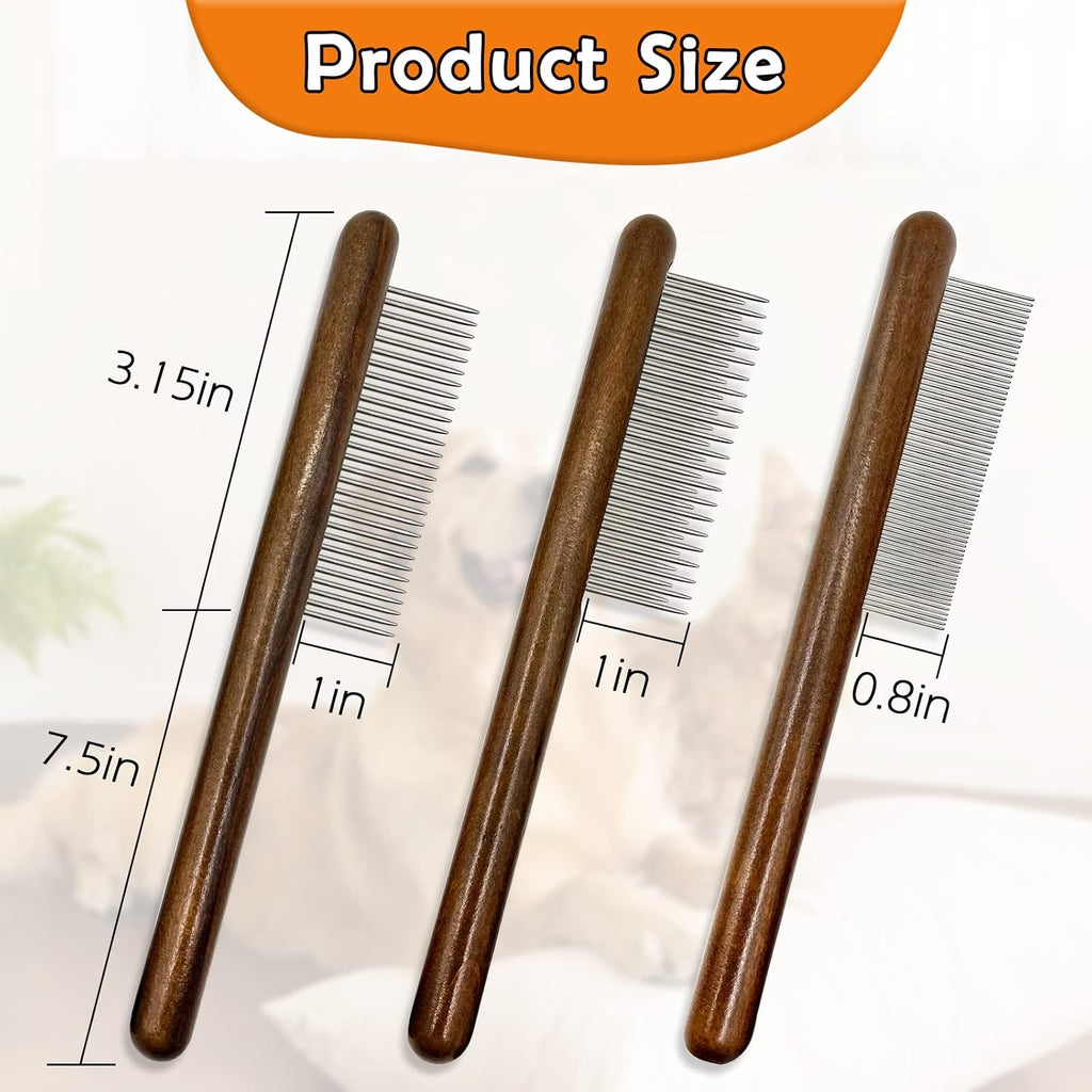 Three different density pet combs arranged side by side showing wide, medium, and fine teeth.