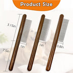 Three different density pet combs arranged side by side showing wide, medium, and fine teeth.
