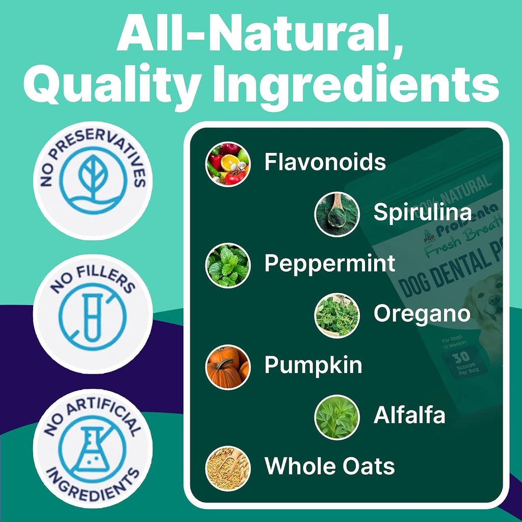 Pup Labs dog bad breath treatment powder being added to dog food