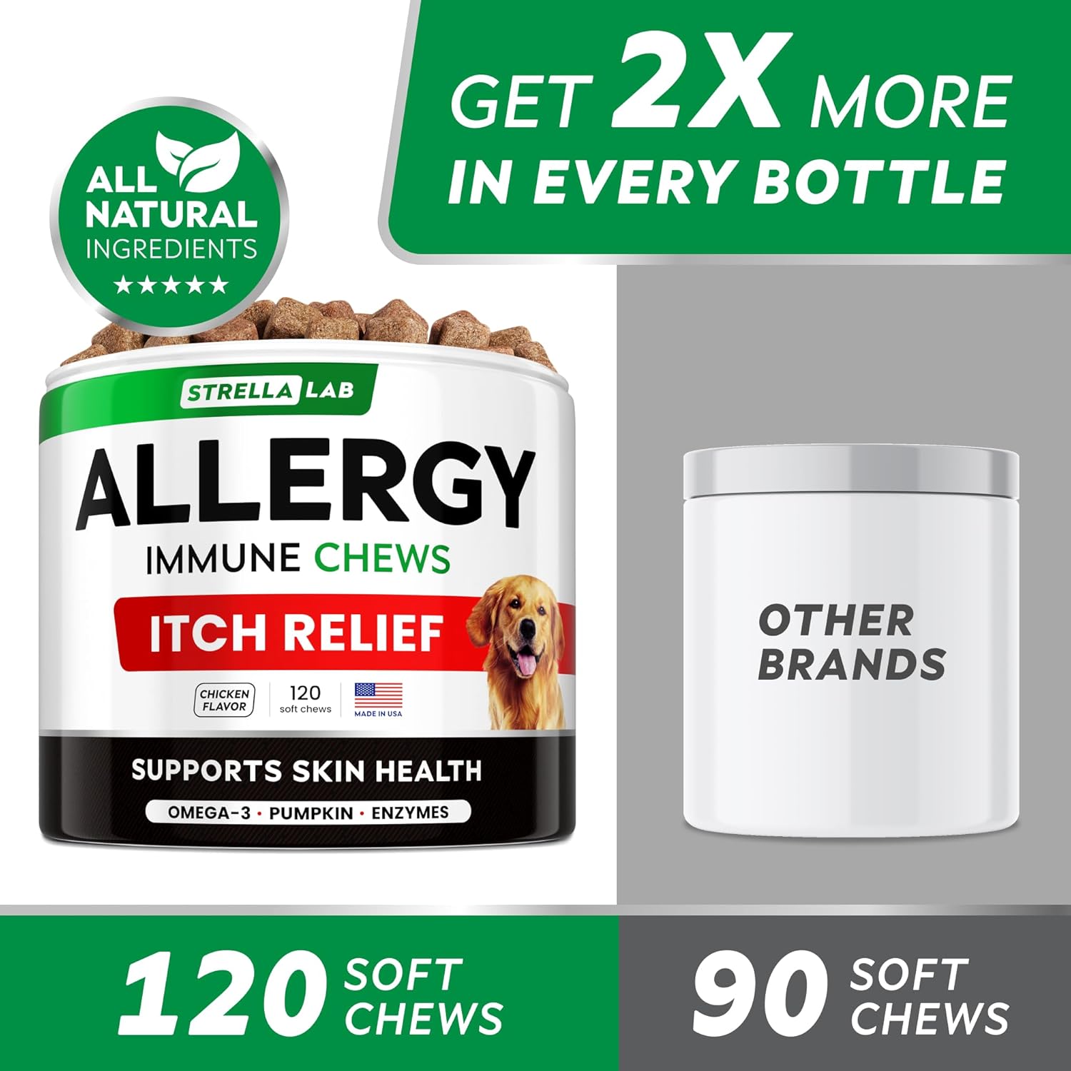 StrellaLab allergy chews for dogs showing allergen-free and vet-approved labels