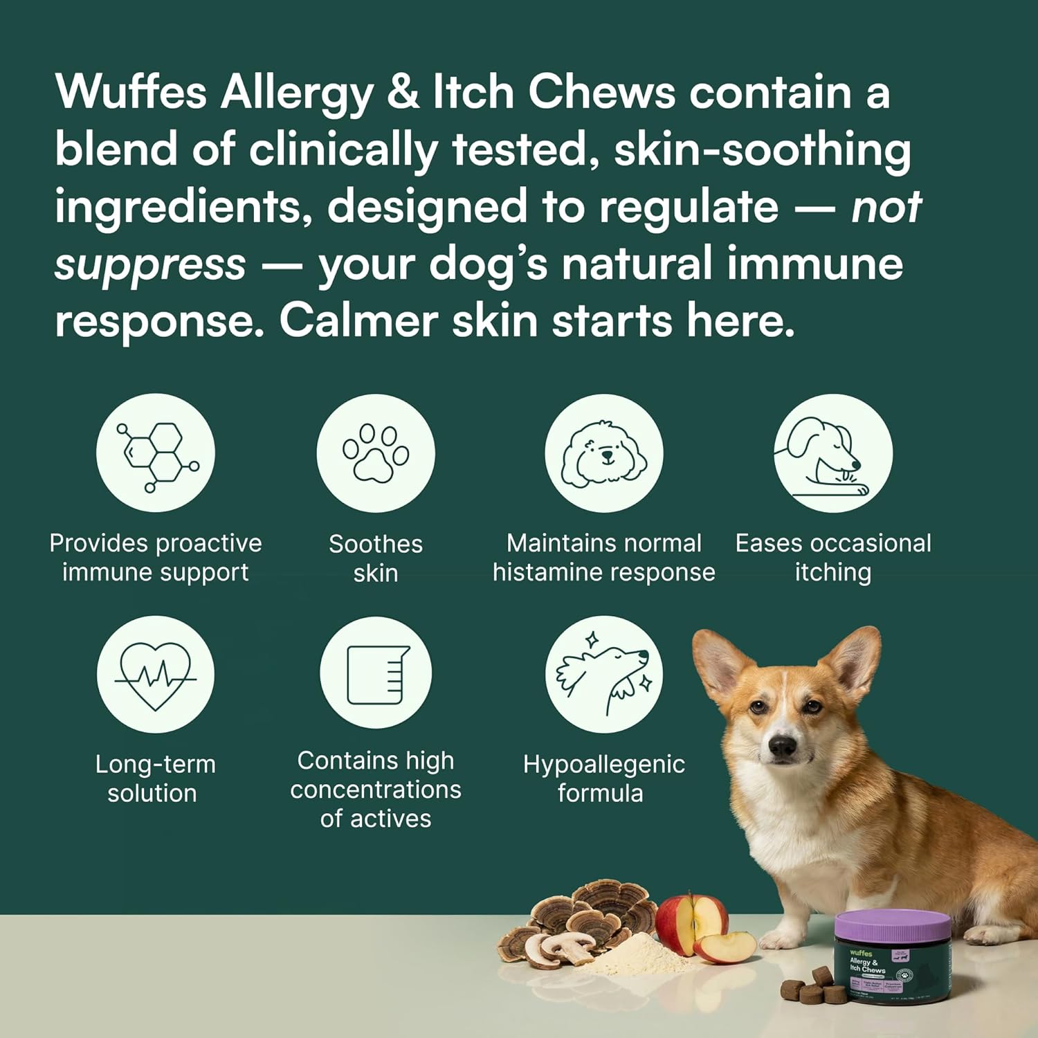 Immune and skin barrier support chews suitable for all dog breeds.