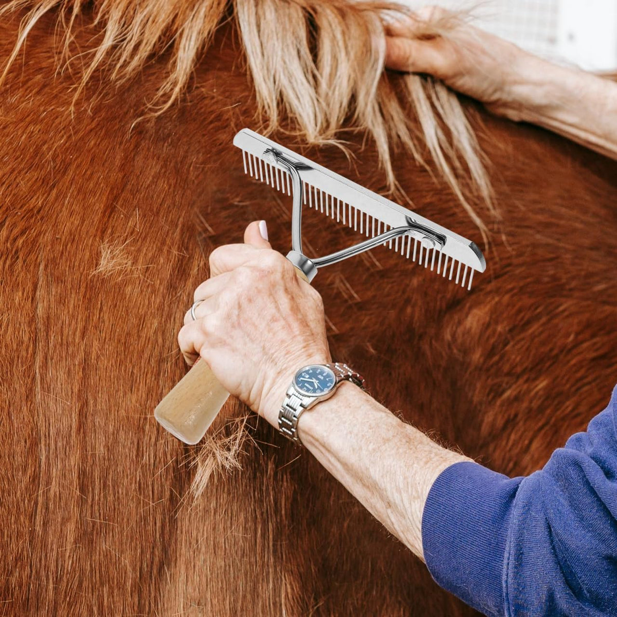 Close up of stainless steel tines on POPETPOP horse rake comb