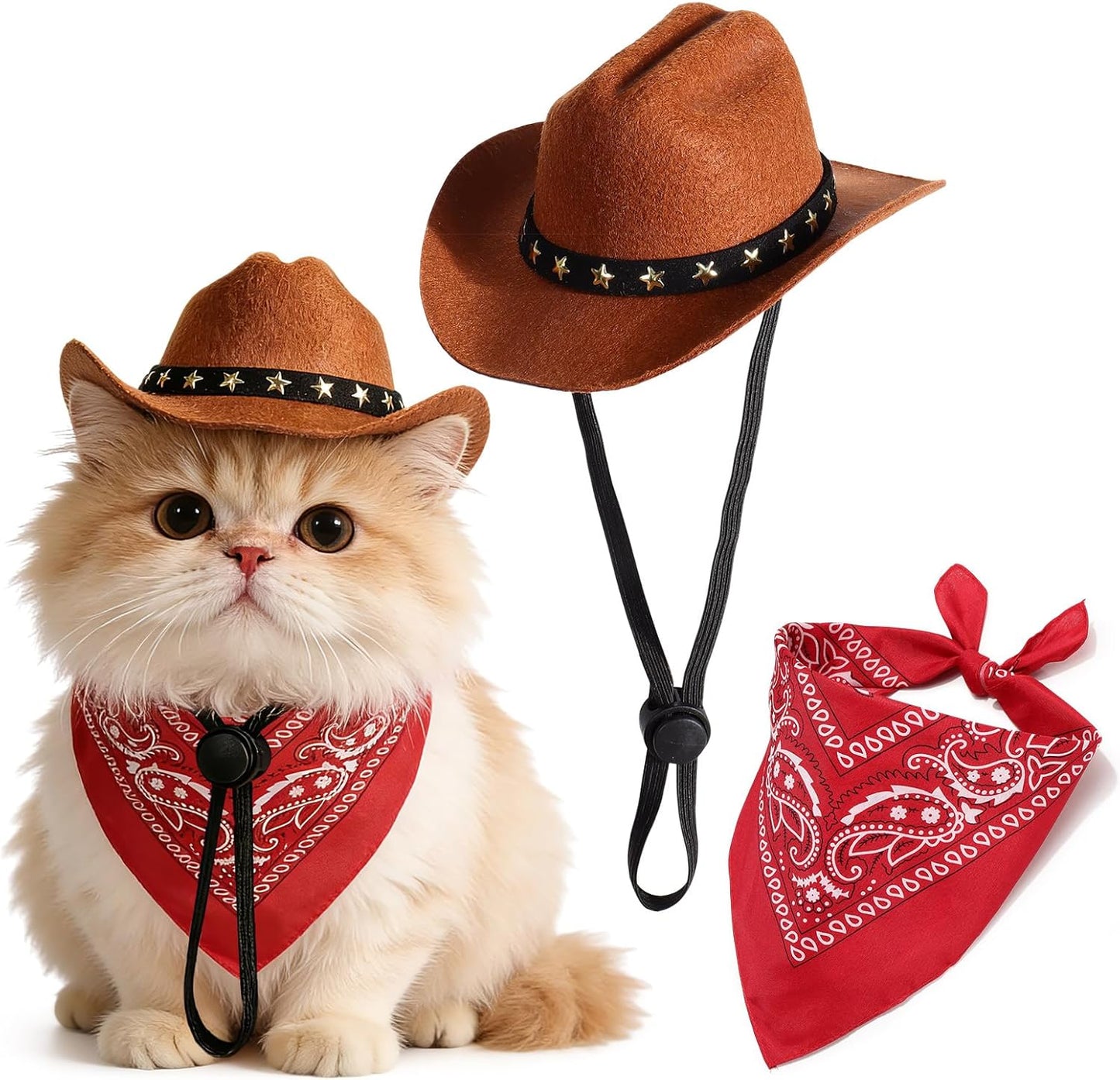 Emutol pet cowboy costume front view showing small dog wearing brown hat and red bandana.