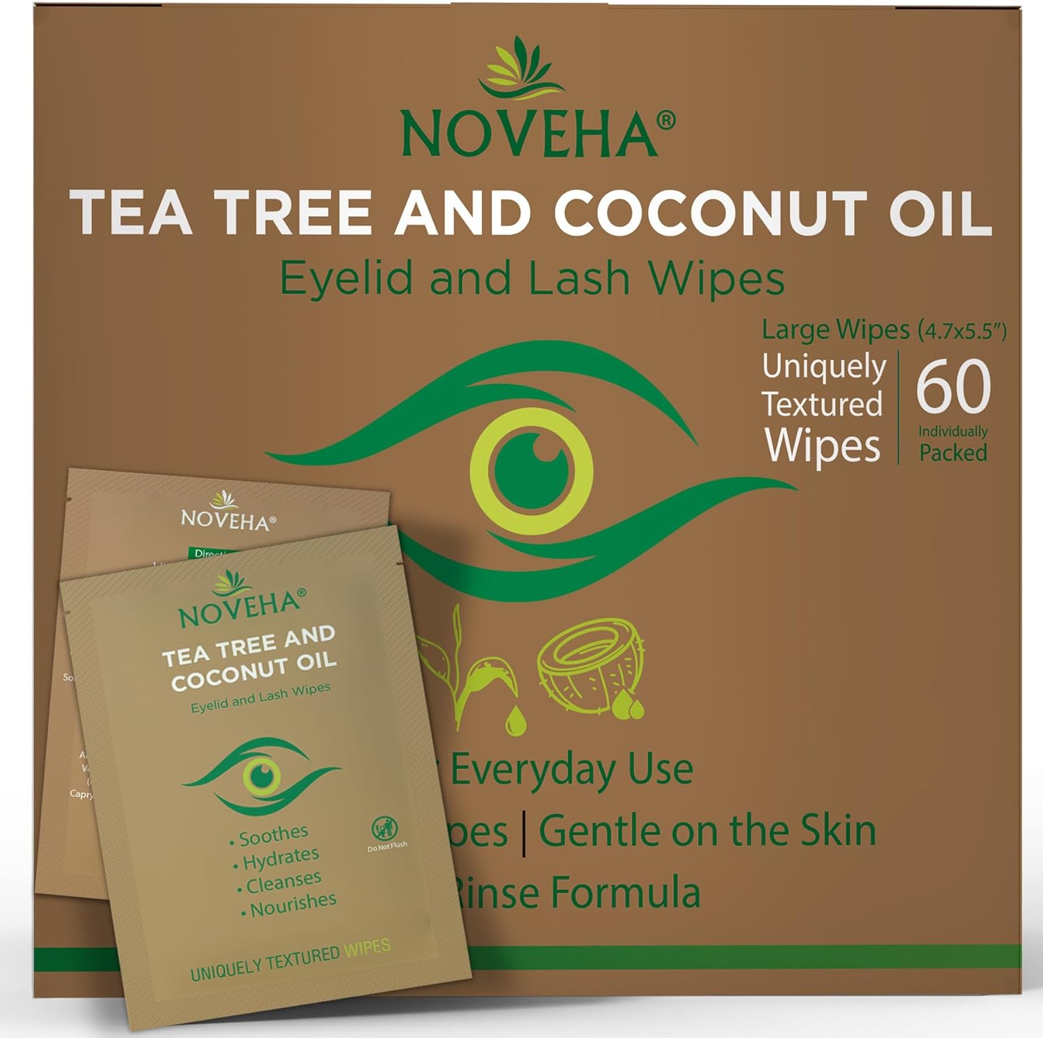 NOVEHA Tea Tree and Coconut Oil Eyelid Wipes for daily eye hygiene and makeup removal