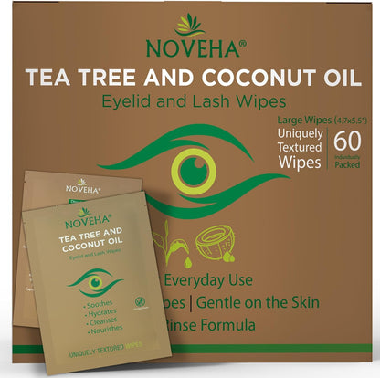 NOVEHA Tea Tree and Coconut Oil Eyelid Wipes for daily eye hygiene and makeup removal