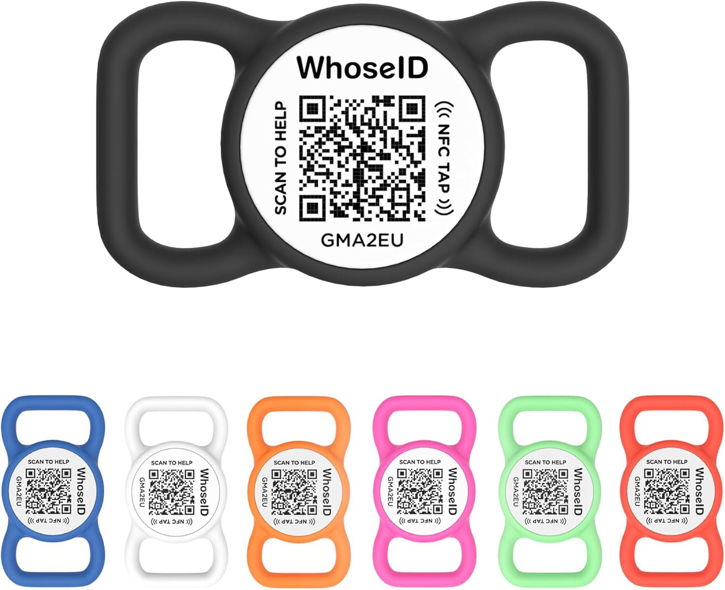 WhoseID QR code dog tag front view showing the scannable barcode and sleek minimalist black and white silicone design.