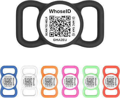 WhoseID QR code dog tag front view showing the scannable barcode and sleek minimalist black and white silicone design.