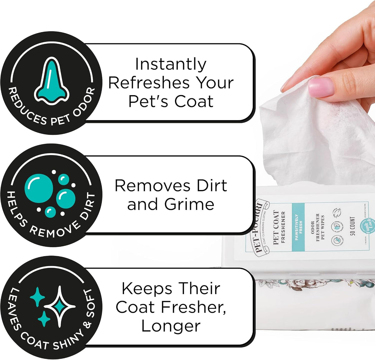 Close up of veterinarian recommended pet wipes engineered with advanced Funk Lock odor technology.