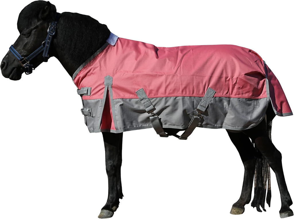 LEAFOREST 1200 Denier Waterproof Mini Shetland Pony Rug in pink and grey front view on a miniature horse.