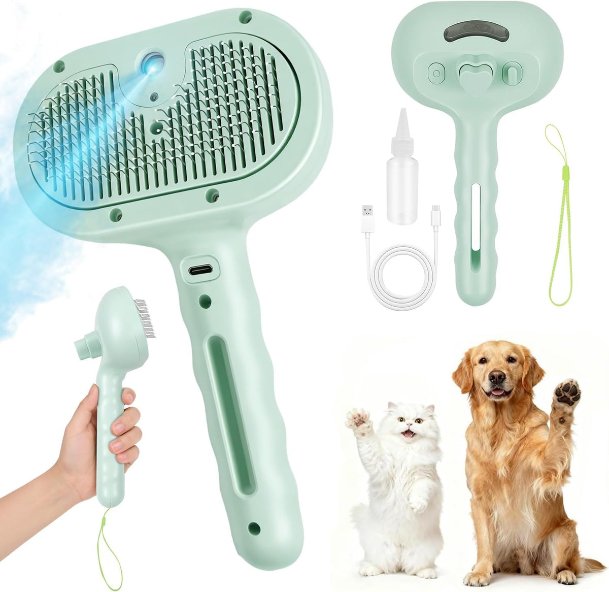 3 in 1 Dog Steam Brush with Storage Rope for Reducing Flying Fur & Static,Removed Dead Skin and Coat,Self Cleaning Pet Steam Brush,Shedding Massaging Grooming for All Type Hair - White - Image 11
