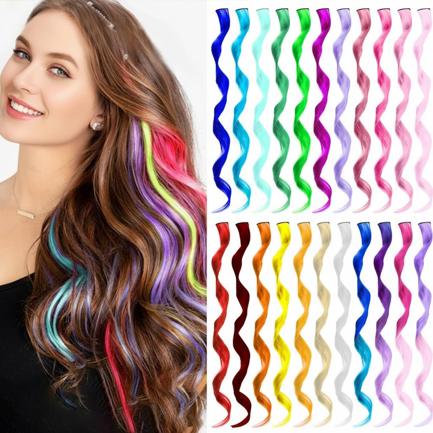 TOFAFA colored hair extensions curly wavy set front view displaying twenty two vibrant rainbow clip in streaks.