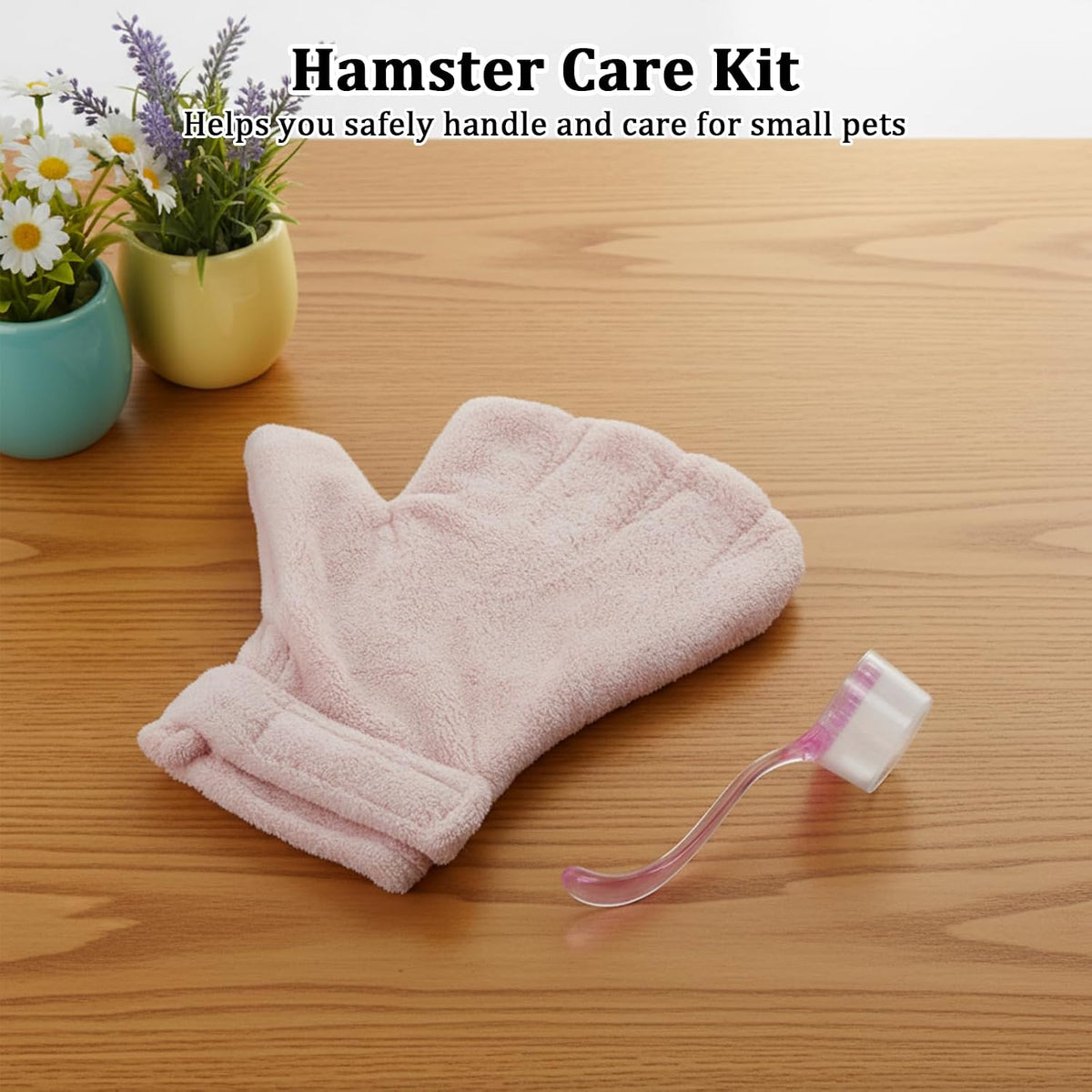 Pink anti bite pet glove and massage comb set for hedgehogs and ferrets