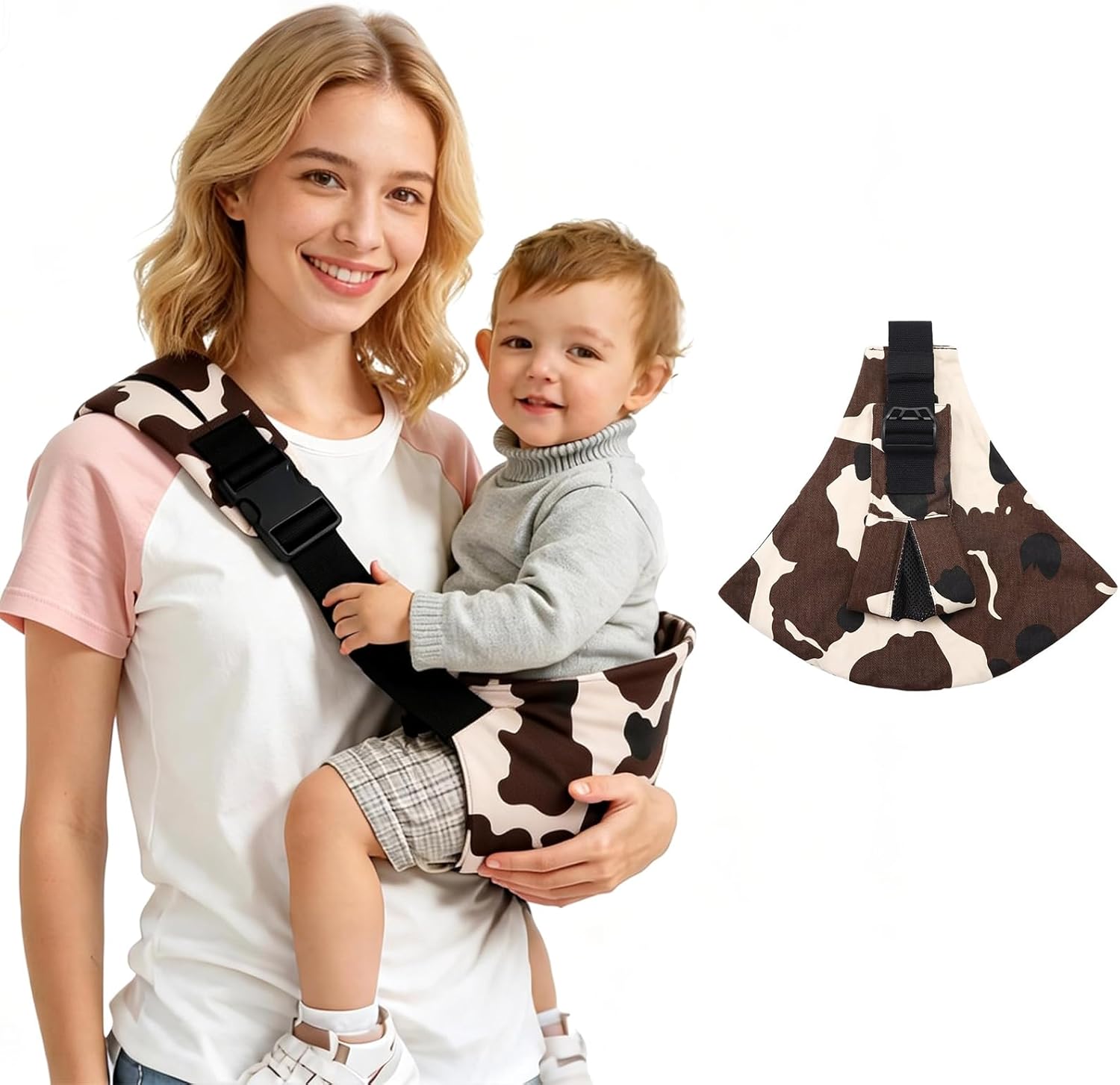 Slumberkiddies baby sling carrier front view in stylish cow print pattern