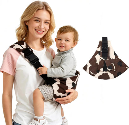 Slumberkiddies baby sling carrier front view in stylish cow print pattern