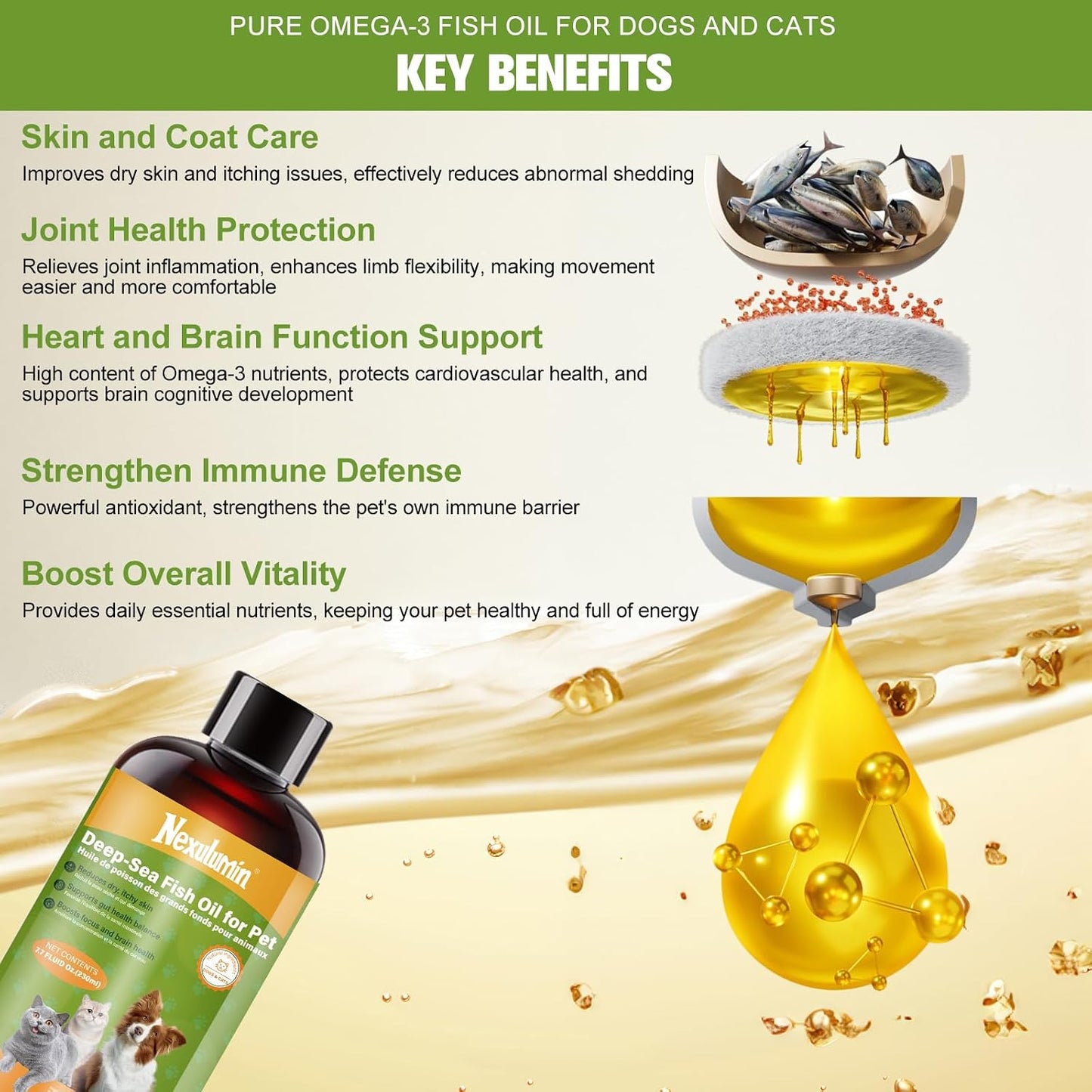 Easy application pump bottle of natural salmon oil mixed into pet food