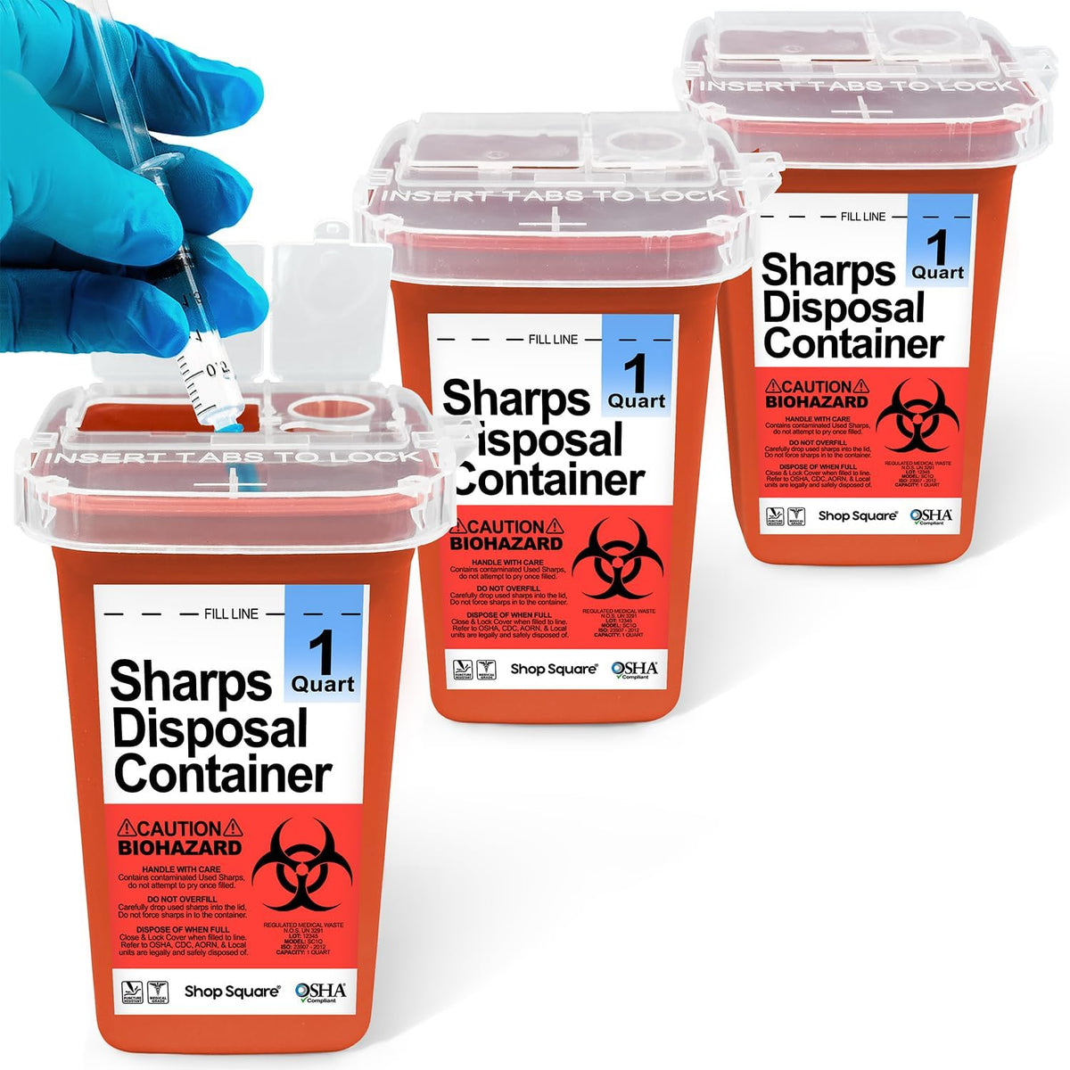 Shop Square biohazard sharps container front view showing red puncture resistant base and warning labels.