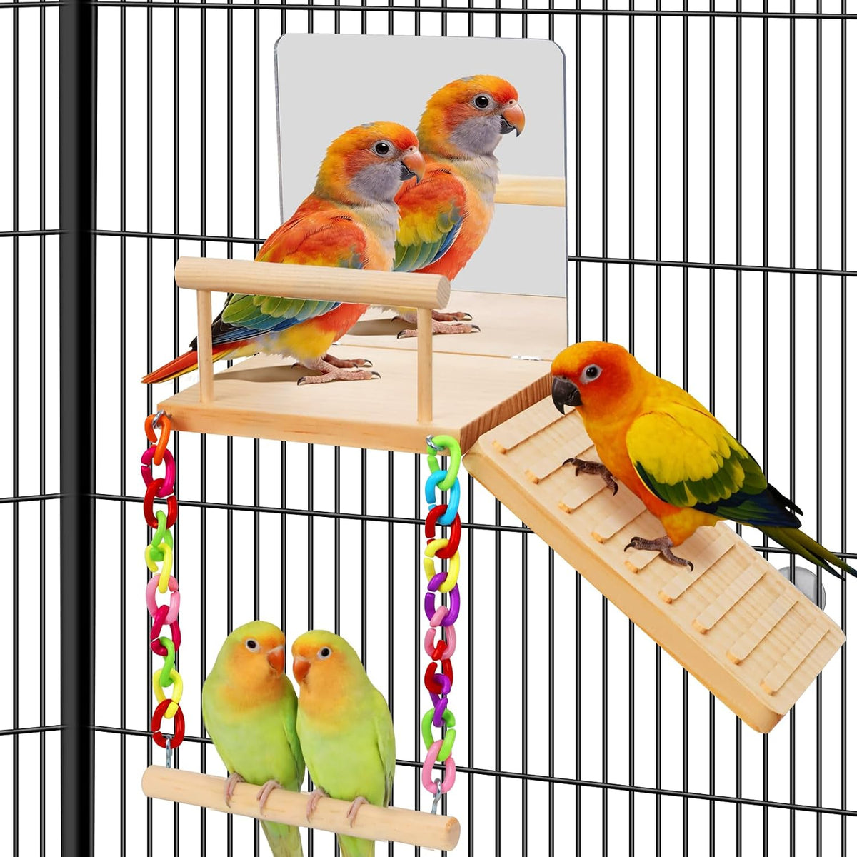 ZooVibe Bird Perches Platform Swing front view with mirror toy
