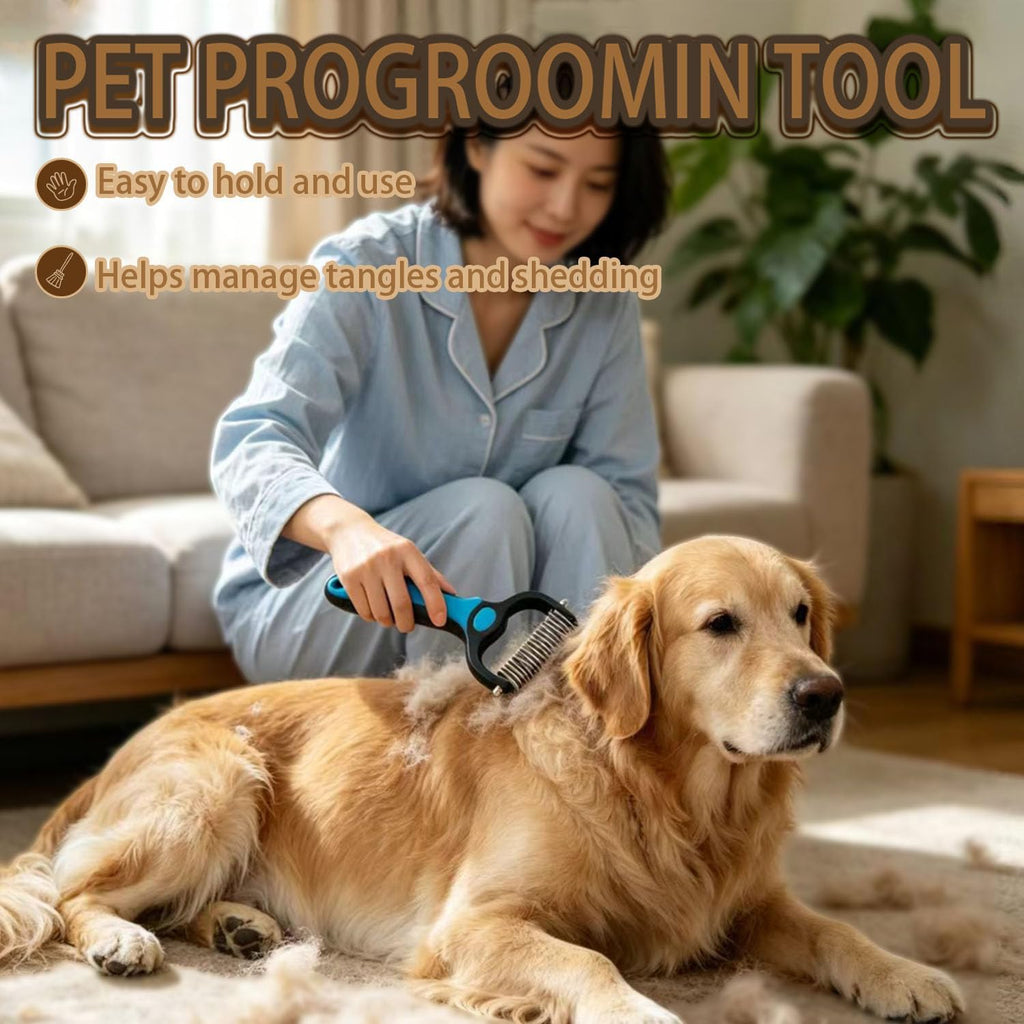 Double sided dematting comb for dogs and cats with ergonomic non slip handle