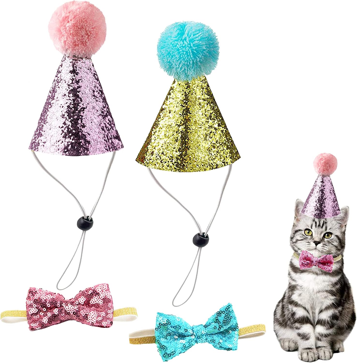 Christmas Pet Party Jazz Hat and Blingbling Bow Tie Breakaway Collar Set, Adjustable Headband for Kitten Puppy Small Dogs Cats (01 Light Blue) - Image 15