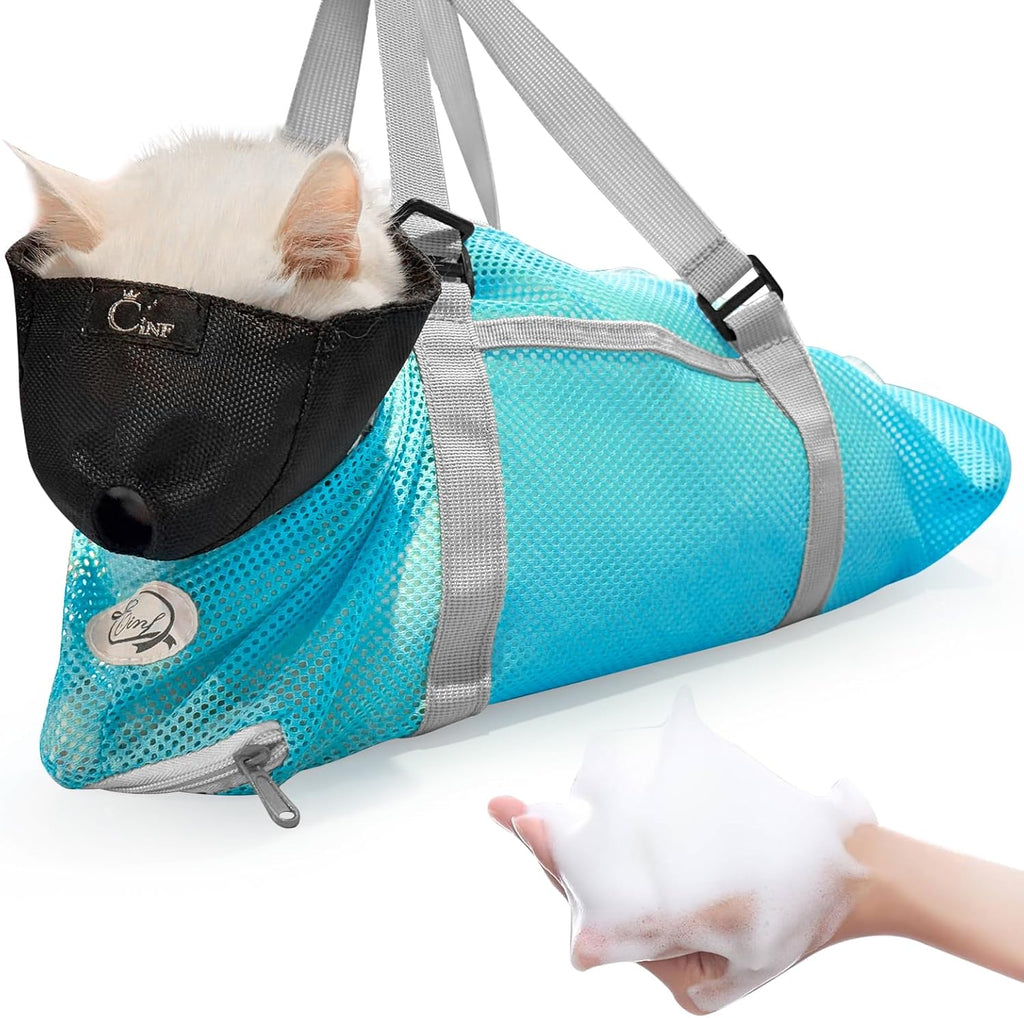 Cinf cat bathing bag front view light blue mesh grooming restraint