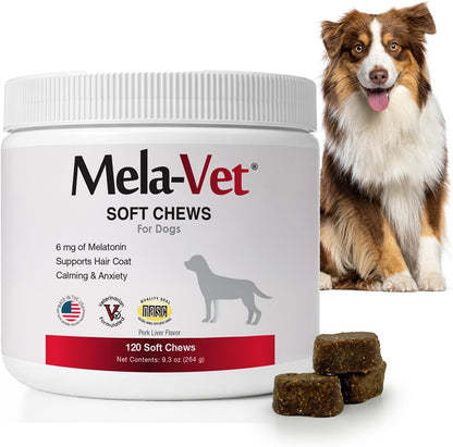 Mela-Vet Melatonin Calming Soft Chews front view packaging for pet anxiety relief