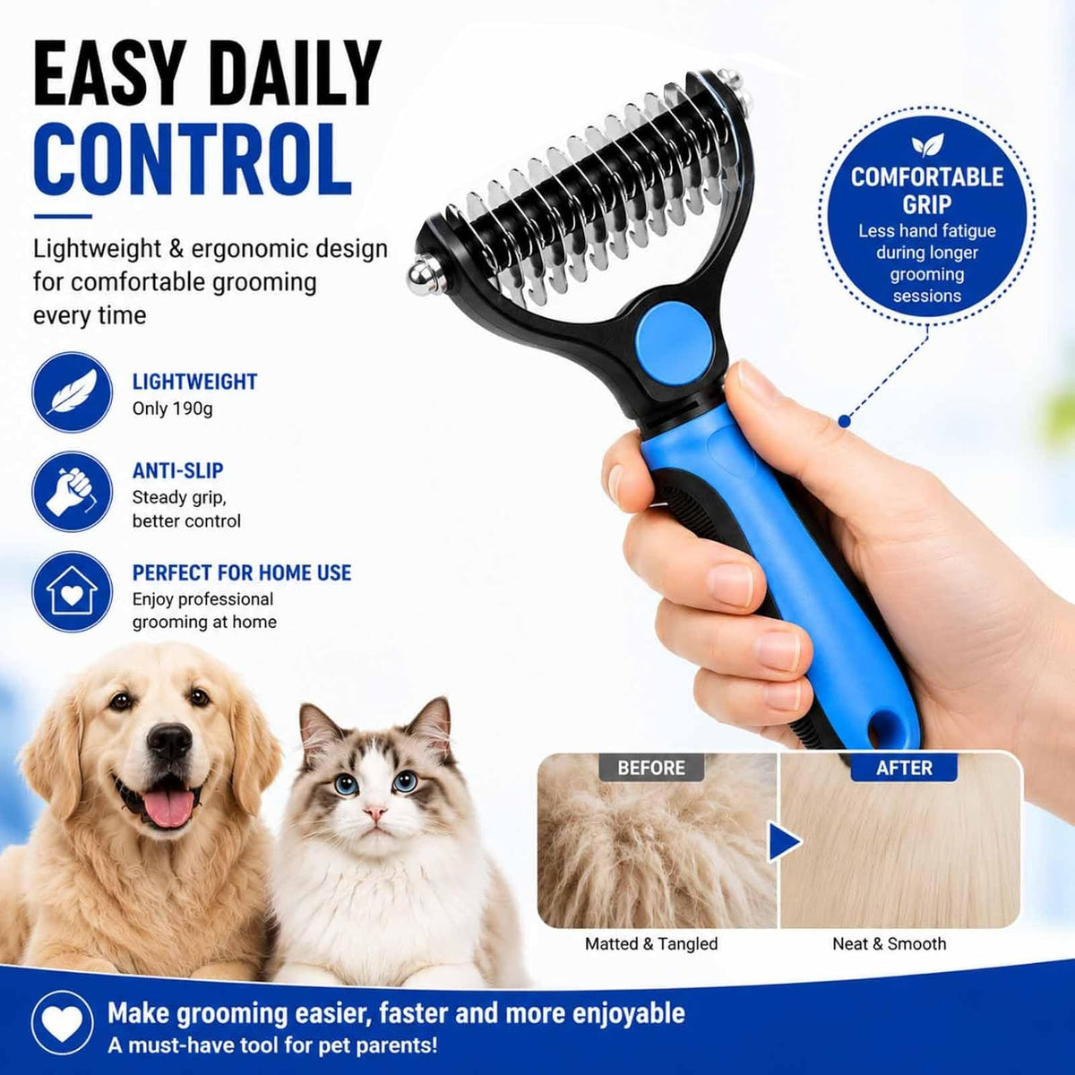 Side profile of Baktas pet grooming tool for dogs and cats