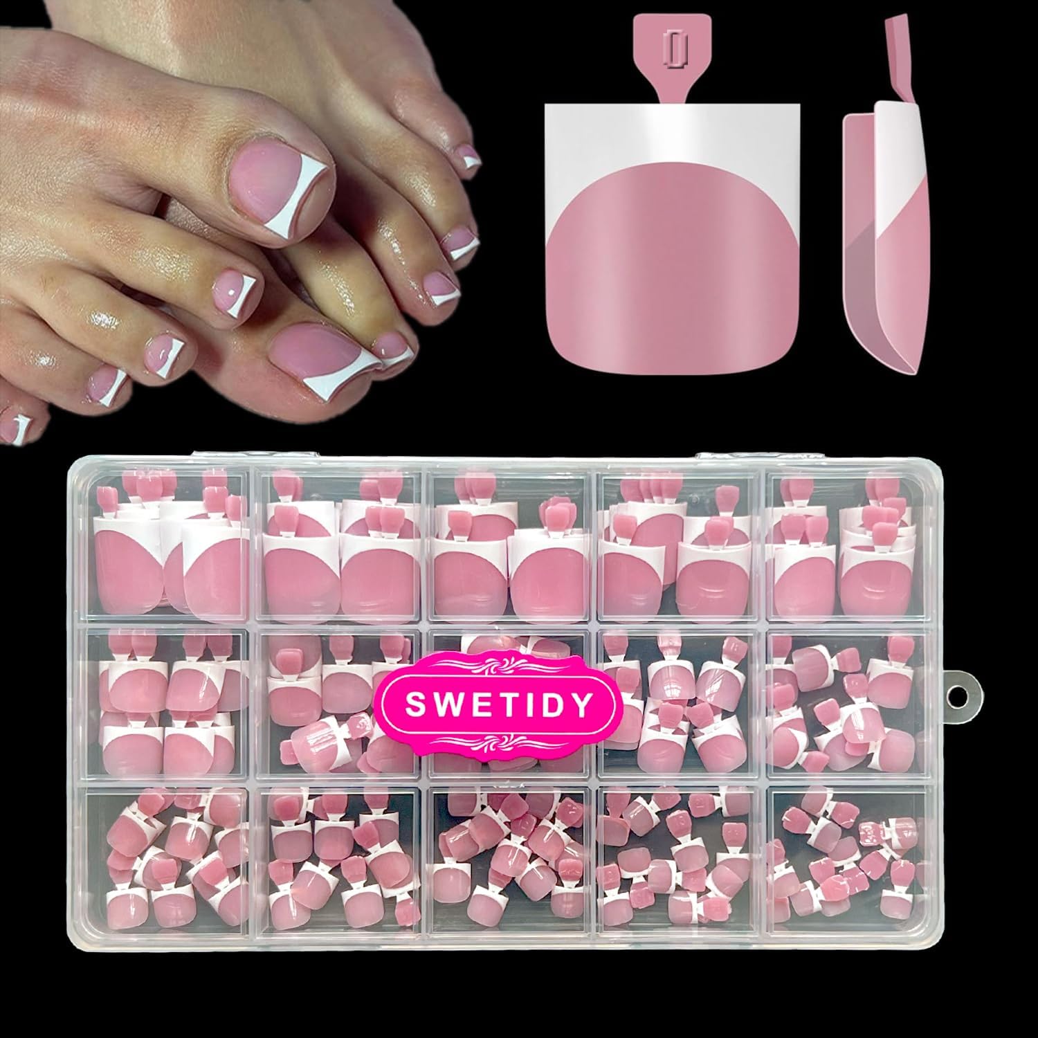 SWETIDY toe nail press ons in berry pink french tip design with square shape